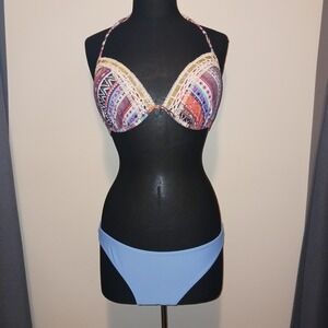 Time and Tru No Boundaries Bikini Bathing Suit Boho Crochet Halter Gold Blue L
